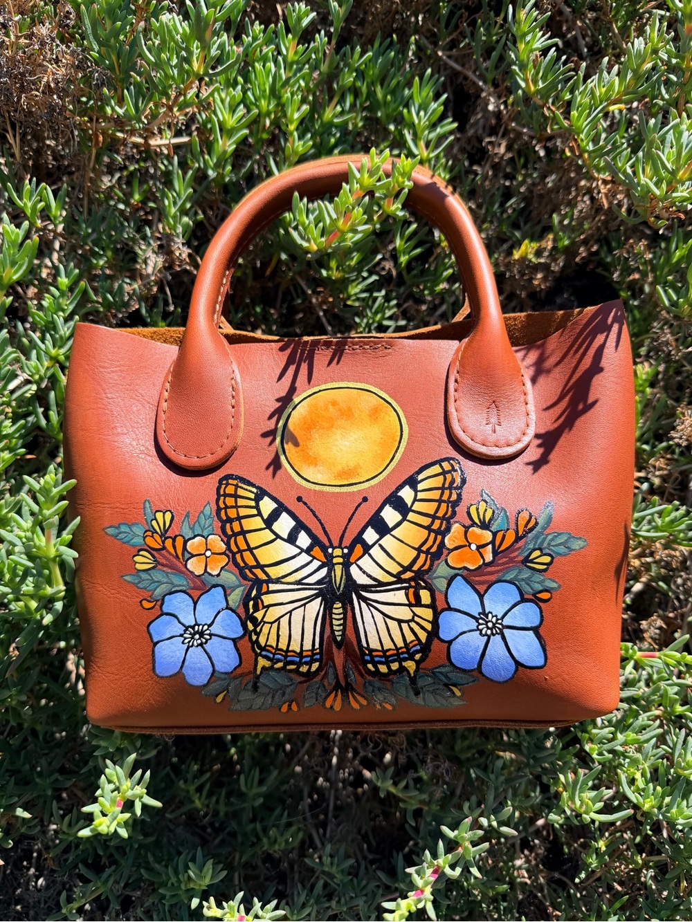 Hand-Painted Portland Leather Brown Full Moon Butterfly Raindrop Crossbody Tote